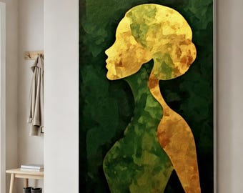 Abstract Woman Profile Canvas Art, Green Gold Silhouette, Textured Wall Print (Digital Download)