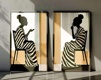 Minimalist Black Woman Wall Art Set of 2, Afrocentric Silhouette Prints, Neutral Modern Decor
