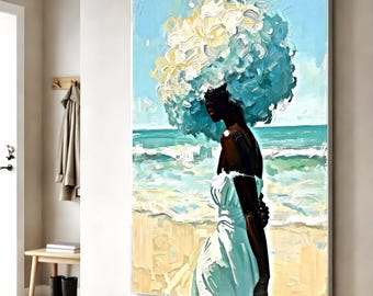 Coastal Black Woman Wall Art Printable, Beach Afro Painting, Elegant Black Feminine Decor, Modern Ocean Blue Bedroom Wall Art