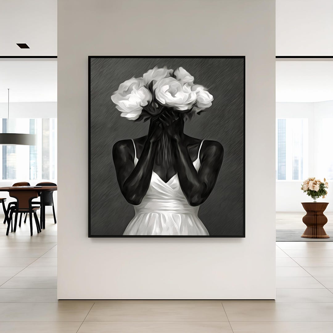 Black Woman Floral Wall Art Printable – White Flowers Head Portrait ...