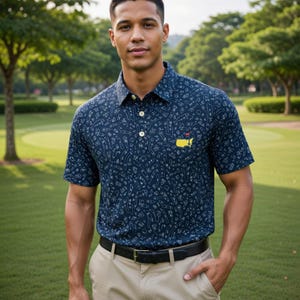 May include: Navy blue golf polo shirt with a white pattern and a yellow and red logo. The shirt has short sleeves and a button-down collar. The person is wearing khaki pants and a black belt.