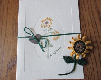 set sunflower stencil notecard and crocheted sunflower brooch set, sunflower card, crocheted sunflower pin, sunflower card, metal heart