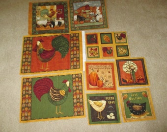Fall panel roosters placemats leaves coasters pumpkins & gourd Indian corn, fall on the farm, fall kitchen, fall sewing panel
