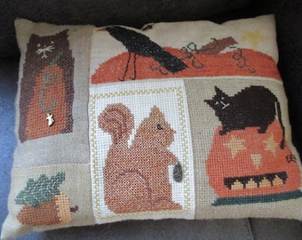 Autumn Patches cross stitch pillow, pumpkin cat raven squirrel acorn leaf cross stitch, fall cross stitch pillow chart, 5 fall designs