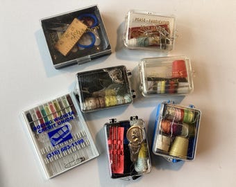 Set 7 Vintage ad travel kits, Seagram’s sewing kit, Boeing sewing kit, Pease Homes ad sewing kit,  Ohio business sew kit