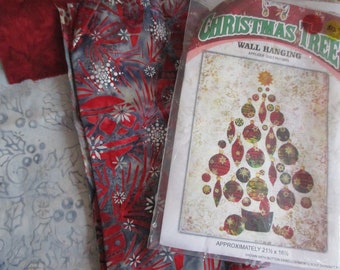 Christmas tree wall hanging, scarlet and gray Christmas tree wall hanging kit, tree wallhanging easy fusible kit, batik tree