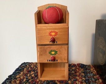Vintage Wood Sewing Organizer, 1960s Wall Mount Thread Pin Box