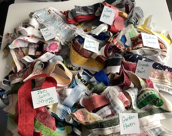Selvages themed bundles, sewing words selvages, Jinny Beyer selvages, garden flowers selvages, children stories selvages