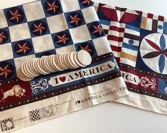 Vintage I Love America Game Board Fabric Panel with Wood Disks – Parcheesi, Chess, Checkers