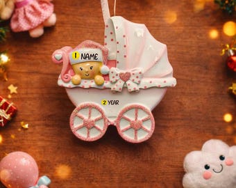 Baby Girl Stroller Ornament | Personalized Name and Year Baby Pram Decor