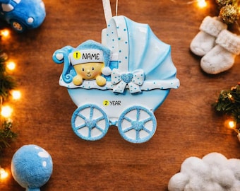 Personalized Baby's First Christmas Ornament | Blue Baby Carriage Keepsake