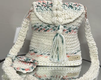 Handmade Crochet Bucket Bag • Cream Knit Crossbody with Tassel