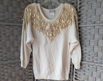 Vtg Silk Blend Cream Gold Embellished 80s Statement Sweater Metallic Fringe Med