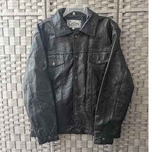 Vtg Genuine Leather Jacket Black Patchwork Stitched Snap Front Mens XL *READ