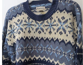 Vtg Aeropostale Sweater Blue Fair Isle Knit Crewneck Sz L Nordic Cabin Ski