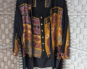 Vtg 90s 2pc Tribal Abstract Beaded Vest Cardigan Set Black Sz 1X Art to Wear