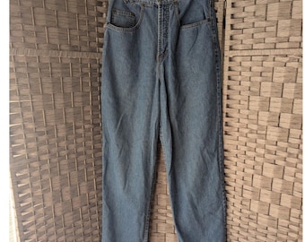 May include: High-waisted blue denim jeans featuring a straight-leg cut, a classic button and zipper fly closure, and a unique braided or woven detail along the waistband. The jeans have two front pockets and a medium wash finish.