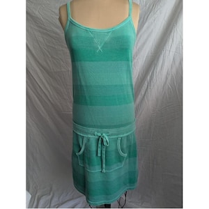 Vtg Gap Green Striped French Terry Mini Dress Drawstring Drop Waist Sz S Casual
