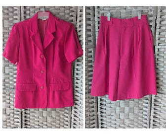 Vtg 90s 2 Pc Set Pink Pleated High Waist Shorts Culottes Short Sleeve Blazer