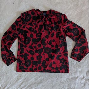 Vtg Pendleton Blouse Red Black Floral Tie Neck Long Sleeve Women 8P Mod Retro