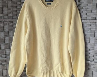 Vtg Polo Ralph Lauren Mens XL Yellow Cotton Crewneck Sweater Light Blue Pony