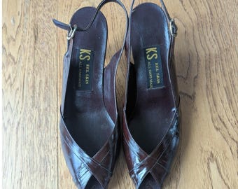 Vtg Kitten Heels Brown Eel Skin Peep Toe Slingback Pumps Sz 5.5 Exotic Leather