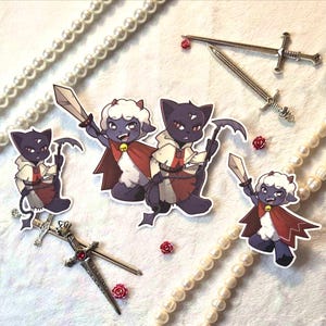 May include: A collection of stickers featuring cartoon characters with dark purple skin, white woolly hair, and red capes. The characters are holding swords and scythes. Decorative swords and pearl necklaces are also present.