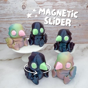 May include: A selection of bird-shaped magnetic sliders in various colours. The birds feature a gradient of colours, including blue, green, and pink. The text "MAGNETIC SLIDER" is displayed above the birds. The birds are on a white surface.