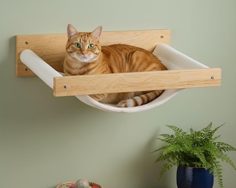 Wall-Mounted Solid Wood Cat Hammock | Washable Plush Elevated Pet Bed