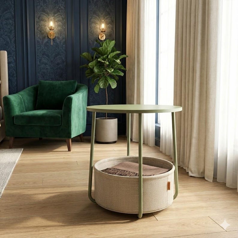 May include: A round, light green side table with a woven basket base. The table has a light green top and legs. The basket is beige and contains a brown blanket. The table is in a room with a green armchair and a plant.