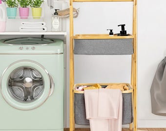 Bamboo Folding Laundry Hamper & 2-Tier Storage Rack | Grey Linen Baskets