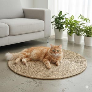May include: A ginger cat with green eyes lies on a circular woven jute mat. The mat is light brown and sits on a concrete floor. Potted plants and a grey sofa are in the background. The cat is relaxed and looking at the camera.