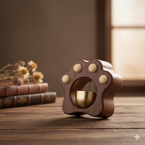 May include: A wooden cat paw-shaped bell with a brass-coloured bell inside. The wooden frame is dark brown with five light-coloured wooden circles. The bell sits on a wooden table next to a stack of books and dried flowers.