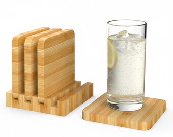Set of 4 Bamboo Coasters with Vertical Holder | Natural Wooden Drink Mats