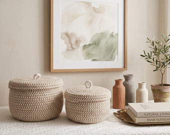 2pcs Covered Woven Storage Basket Set Decorative Bin with Lid Organizer