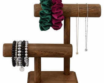 Double-Layer Wooden Jewellery Stand | 2-Tier Bracelet & Watch Display Tower