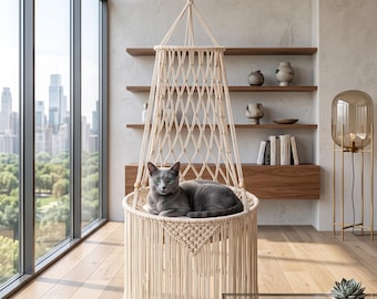 Macrame Cat Hammock Hanging Woven Cotton Rope Pet Swing Chair Boho Nest