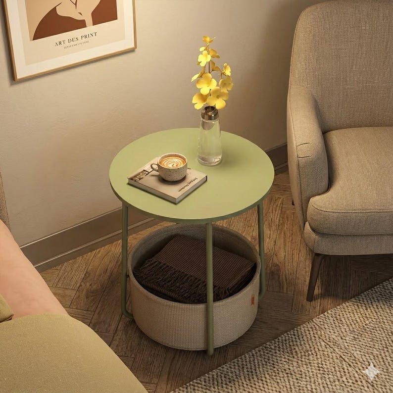 May include: A round, light green side table with a lower basket. The table holds a book, a cup of coffee, and a vase of yellow flowers. The table has a metal frame and is next to a beige armchair.