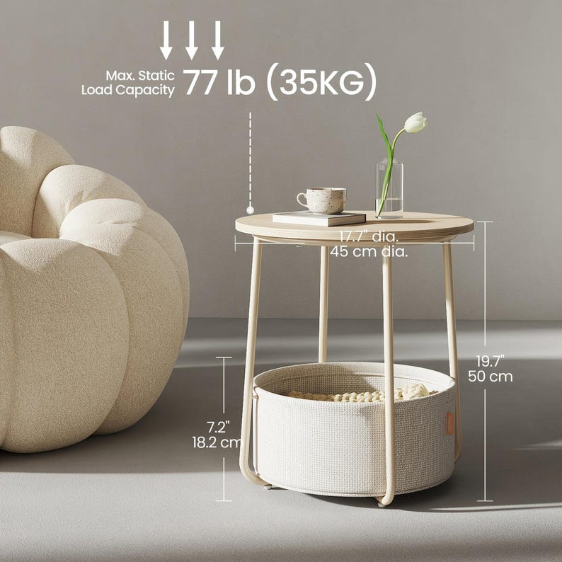 May include: A round side table with a light wood top and a cream-colored metal frame. The table has a built-in basket and is 19.7 inches (50 cm) tall. The top is 17.7 inches (45 cm) in diameter. The basket is 7.2 inches (18.2 cm) high. Max static load capacity is 77 lb (35KG).