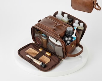 Men's Large PU Leather Toiletry Bag | Dual-Side Access Waterproof Travel Case