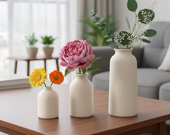 Set of 3 Off-White Ceramic Vases | Rustic Farmhouse Table Centrepiece Decor