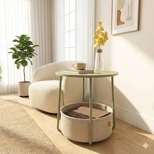 May include: A modern living room scene featuring a light green side table with a woven basket base. A beige armchair, a potted plant, and a vase of yellow flowers are also present. The table holds a book and a small cup.