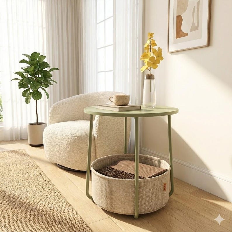 May include: A modern living room scene featuring a light green side table with a woven basket base. A beige armchair, a potted plant, and a vase of yellow flowers are also present. The table holds a book and a small cup.