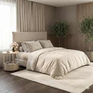 May include: A neutral-toned bedroom with a large bed, pillows, and a duvet. A small side table with a vase of flowers and a coffee cup sits next to the bed. The room has a rug, curtains, and potted plants.