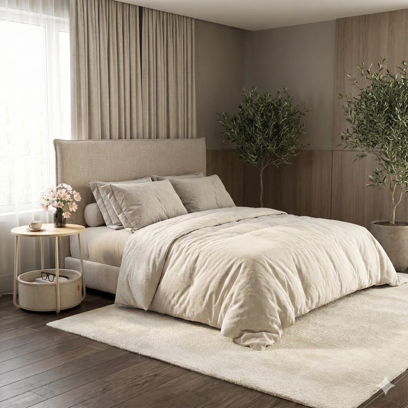 May include: A neutral-toned bedroom with a large bed, pillows, and a duvet. A small side table with a vase of flowers and a coffee cup sits next to the bed. The room has a rug, curtains, and potted plants.