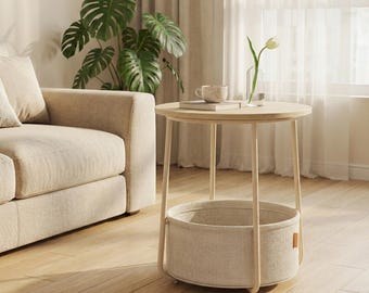 Modern Round End Table with Storage Basket, Metal Bedside Nightstand for Dorm