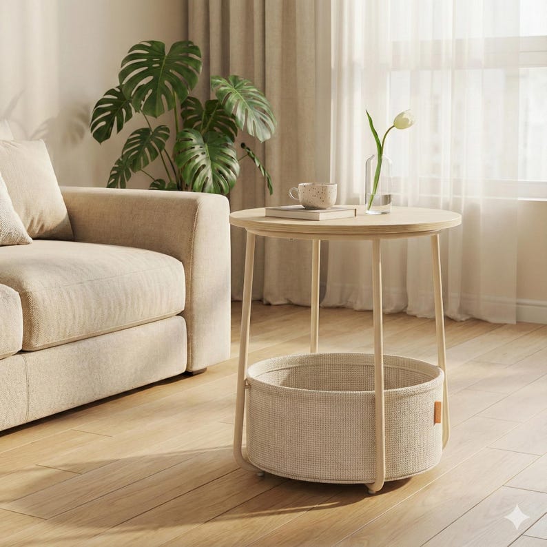 May include: A round, light wood side table with a beige fabric basket at the bottom. The table has a light wood top and four thin, light-colored legs. A sofa and a large plant are in the background.
