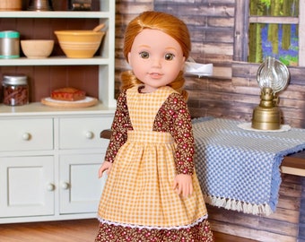 Historical Spring Inspired Long Sleeve Dress in Brown Print with Yellow Gingham Apron for 14.5” Doll Like a Wellie Wisher