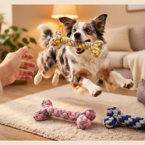 Könnte beinhalten: Ein Hund springt in die Luft und hält ein gelb-graues Seilknochenspielzeug. Zwei weitere Seilknochenspielzeuge, eines rosa-grau, das andere blau-weiß, liegen auf dem Teppich. Der Hund ist braun, weiß und schwarz.