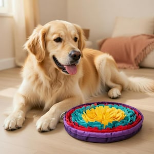 Könnte beinhalten: Ein Golden Retriever-Hund liegt auf einem hellen Holzboden neben einem farbenfrohen Hundepuzzlespielzeug. Das Spielzeug ist rund mit Schichten aus lila, rot, türkis und gelbem Stoff. Der Hund hat eine rosa Zunge und schaut in die Kamera.